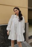  CLÉLIE Đầm babydoll tay dài nhún rộng váy xòe họa tiết trơn TRAZEPE WHITE DRESS 