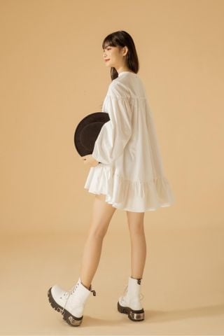  CLÉLIE Đầm babydoll tay dài nhún rộng váy xòe họa tiết trơn TRAZEPE WHITE DRESS 