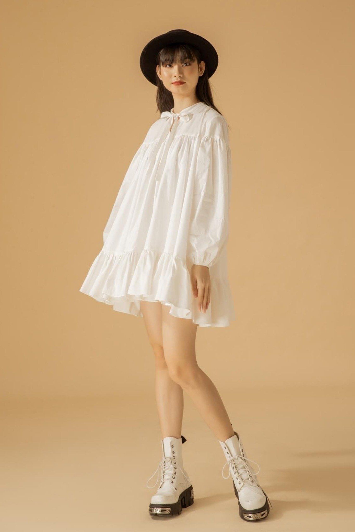  Đầm babydoll tay dài nhún rộng váy xòe họa tiết trơn | TRAZEPE WHITE DRESS - CLÉLIE 