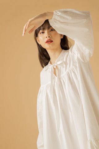  CLÉLIE Đầm babydoll tay dài nhún rộng váy xòe họa tiết trơn TRAZEPE WHITE DRESS 