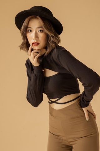  Áo croptop tay dài thun gân họa tiết trơn - GIGI CROP-TOP 