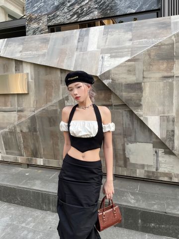  CLÉLIE Áo croptop cổ yếm kèm áo ống tay phồng LAYER TOP 