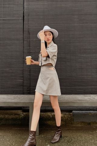  Chân váy ngắn chữ A kaki họa tiết caro/trơn - DERCUT SKIRT 