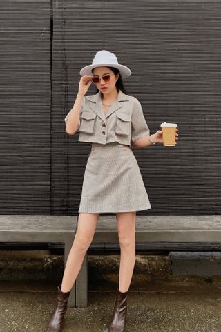  Áo blazer croptop tay ngắn họa tiết caro/trơn - BLAZER CROP-TOP - CLÉLIE 