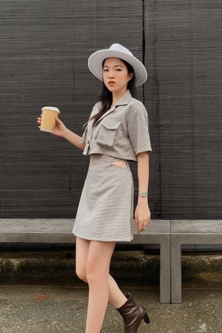  Áo blazer croptop tay ngắn họa tiết caro/trơn - BLAZER CROP-TOP - CLÉLIE 