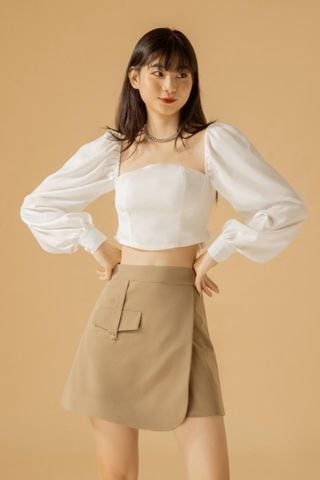  Áo croptop tay dài họa tiết trơn - WHITE CROP-TOP 