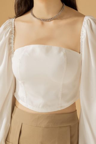  Áo croptop tay dài họa tiết trơn - WHITE CROP-TOP 