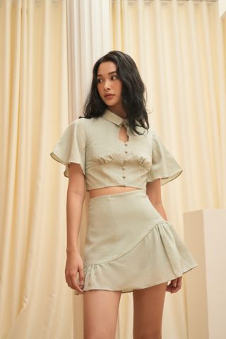 Set chân váy dài áo crop phối viền  CHIBEST