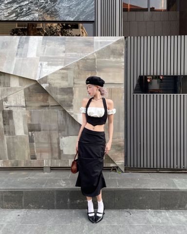  CLÉLIE Áo croptop cổ yếm kèm áo ống tay phồng LAYER TOP 