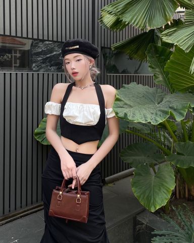  CLÉLIE Áo croptop cổ yếm kèm áo ống tay phồng LAYER TOP 