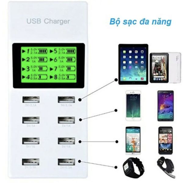 Bộ Sạc Đa Năng 8 Cổng Thông Minh (Màn Hình LCD)
