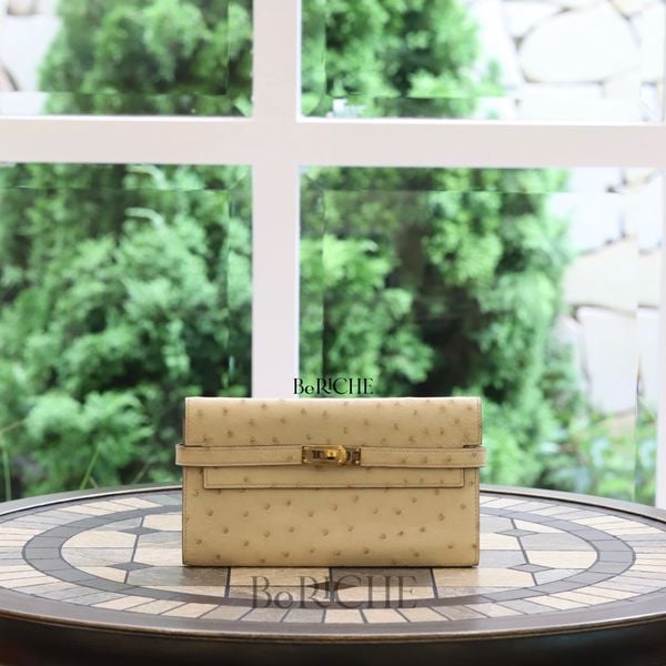  Kelly Wallet Ostrich Parchemin GHW 