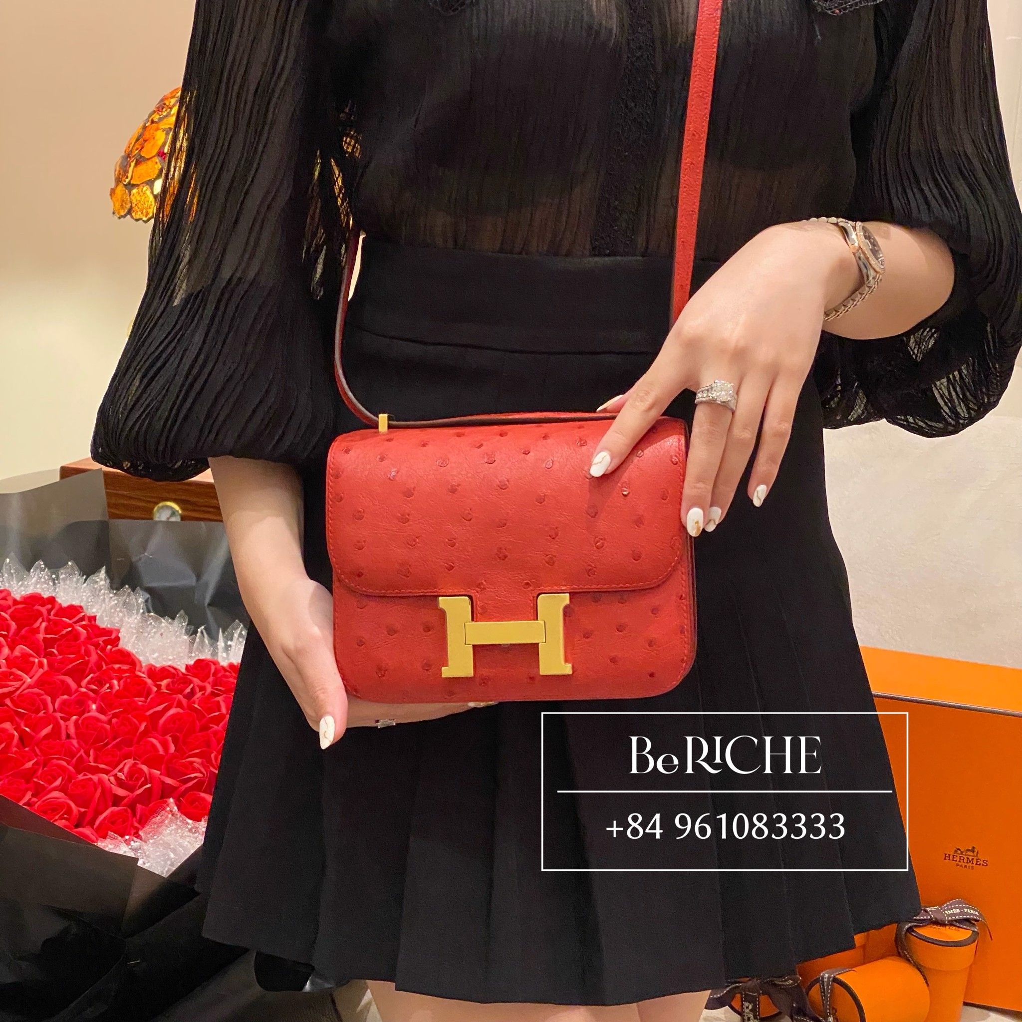 Hermes Mini Constance 18 CC55 Rouge H Ostrich With Ostrich Buckle