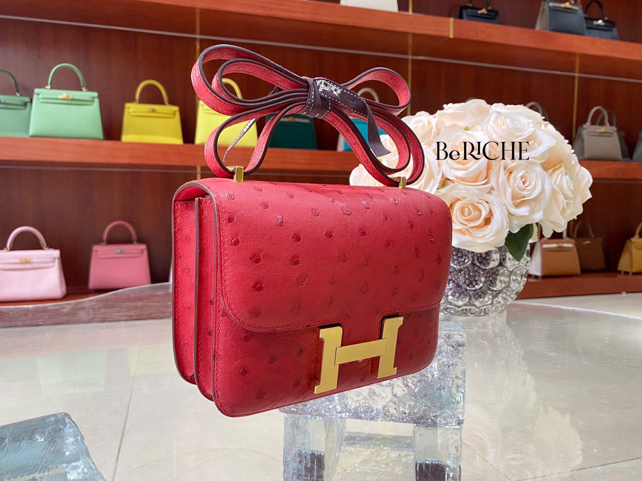 Hermes Mini Constance 18 CC55 Rouge H Ostrich With Ostrich Buckle