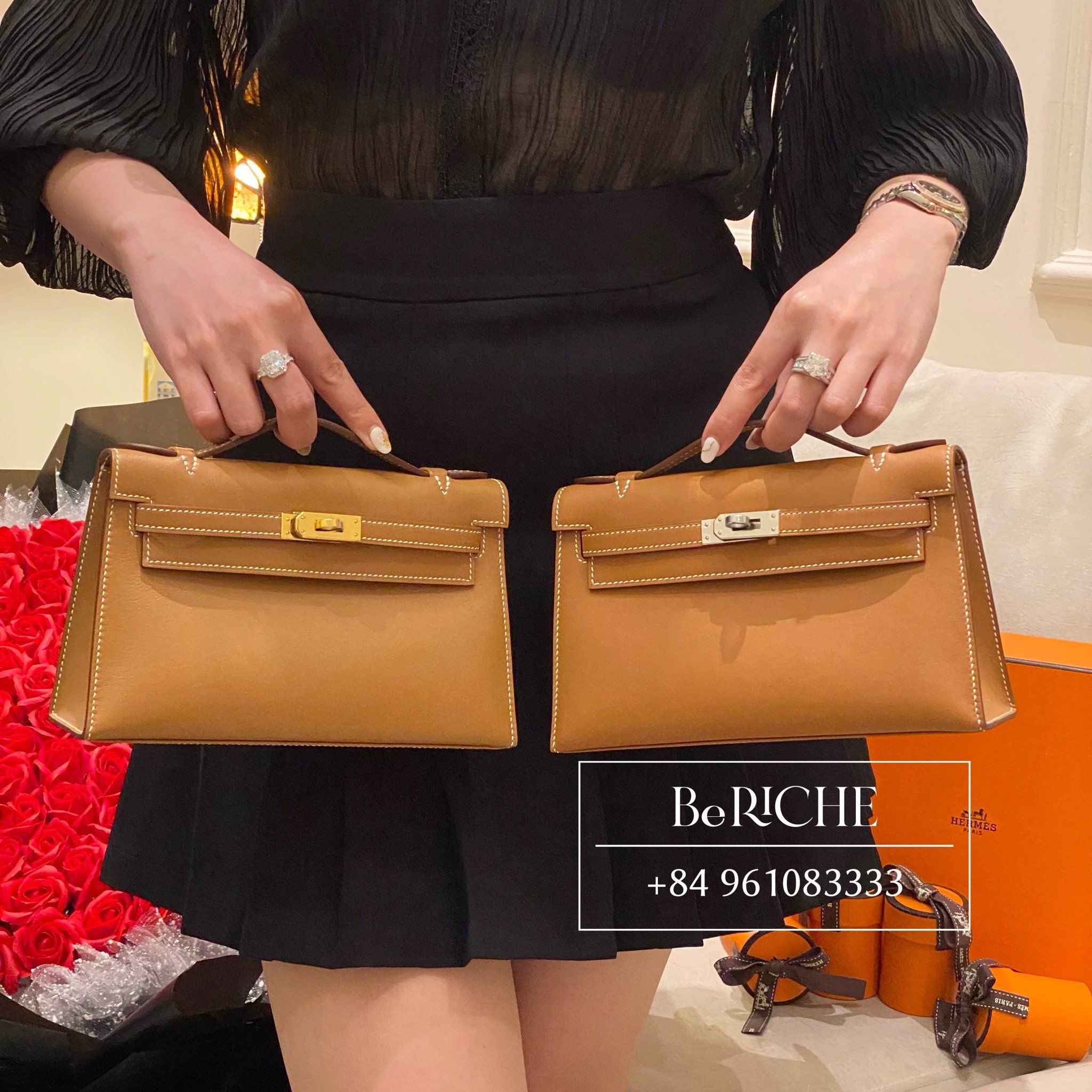 Hermes Kelly pochette Black Swift leather Rose gold hardware