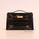  Kelly Pochette KP22 Crocodile Alligator Shinny Noir Black GHW 