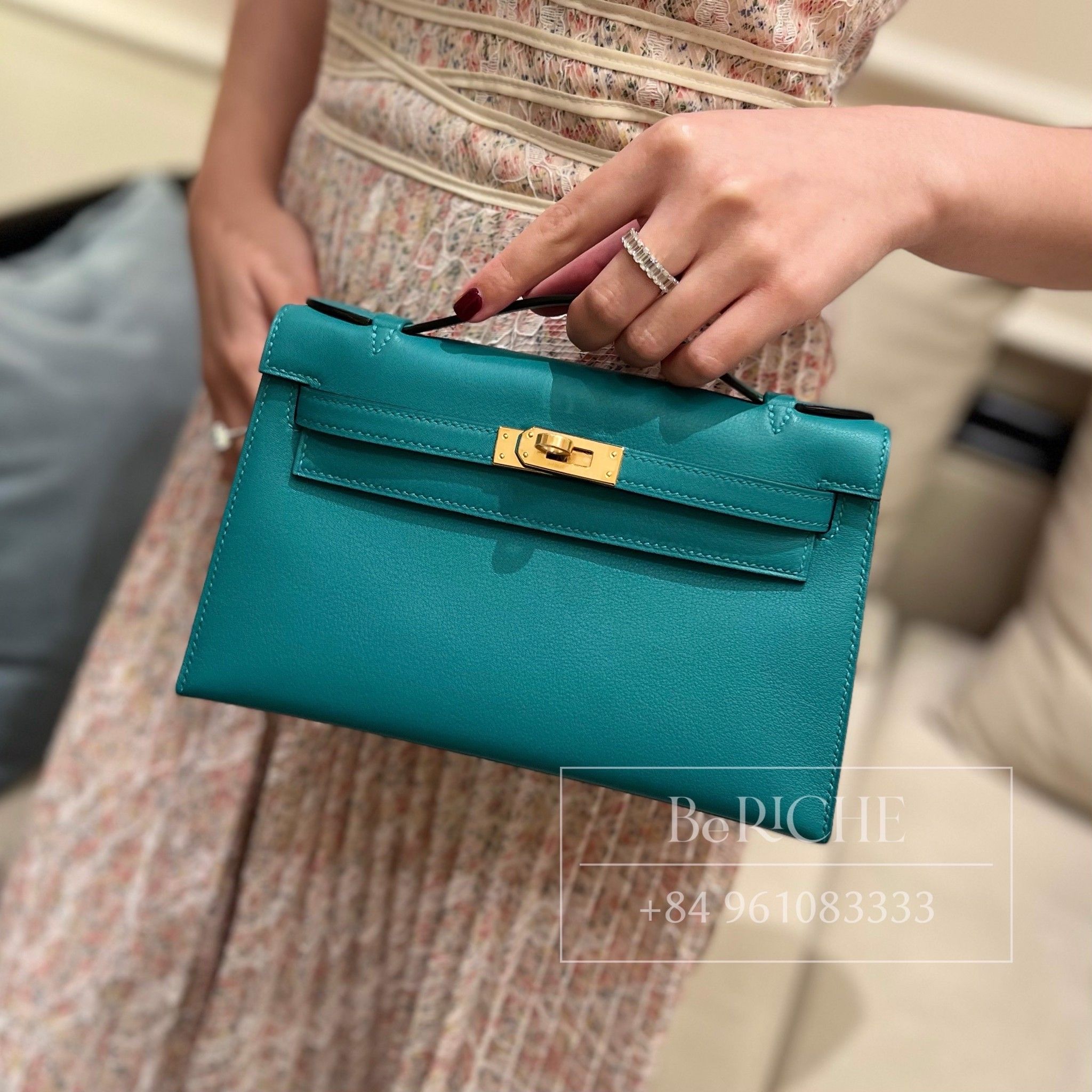 Hermes Kelly Pochette Swift Bleu Paon in Swift Leather with Gold