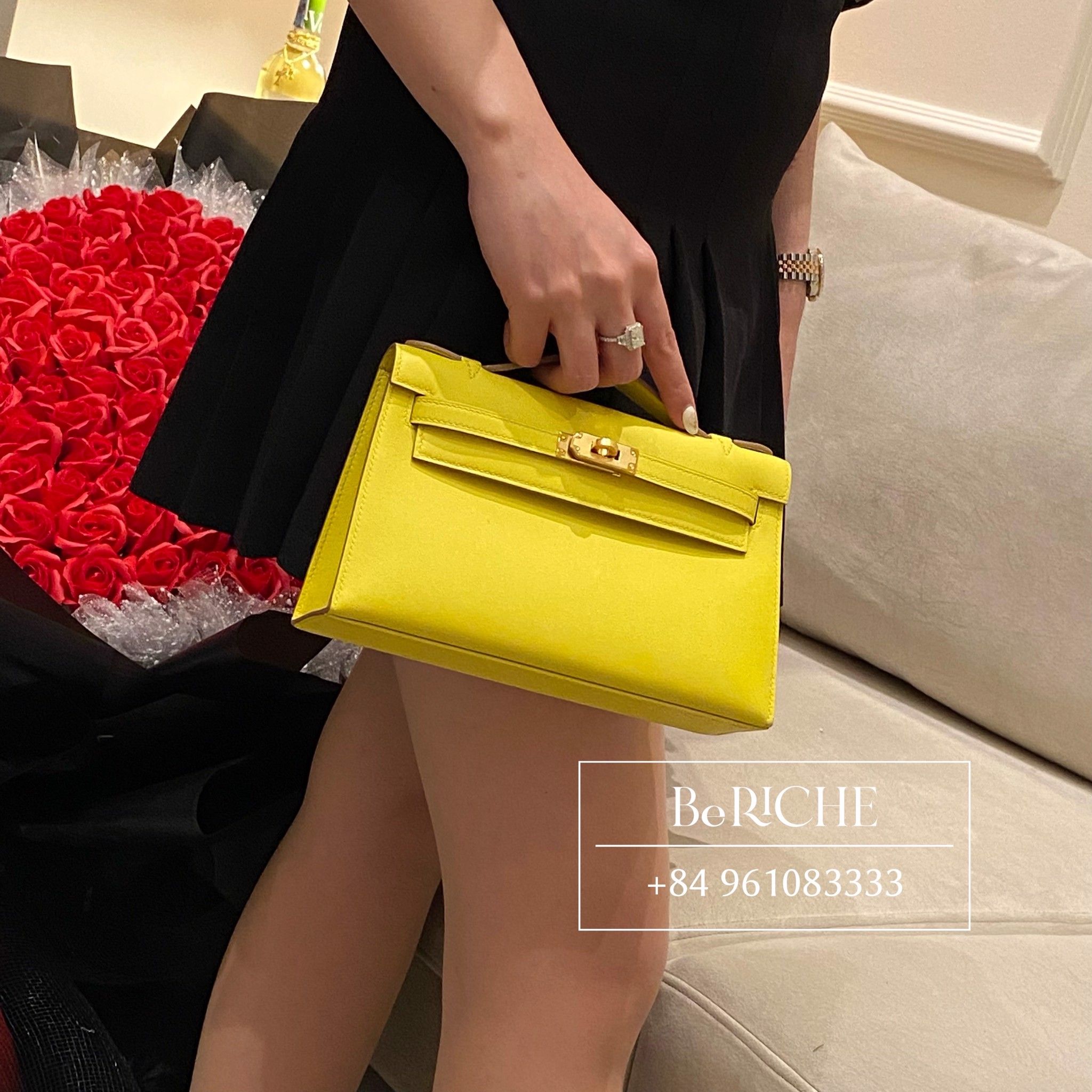 Hermes Lime GHW Swift Mini Kelly Pochette Clutch