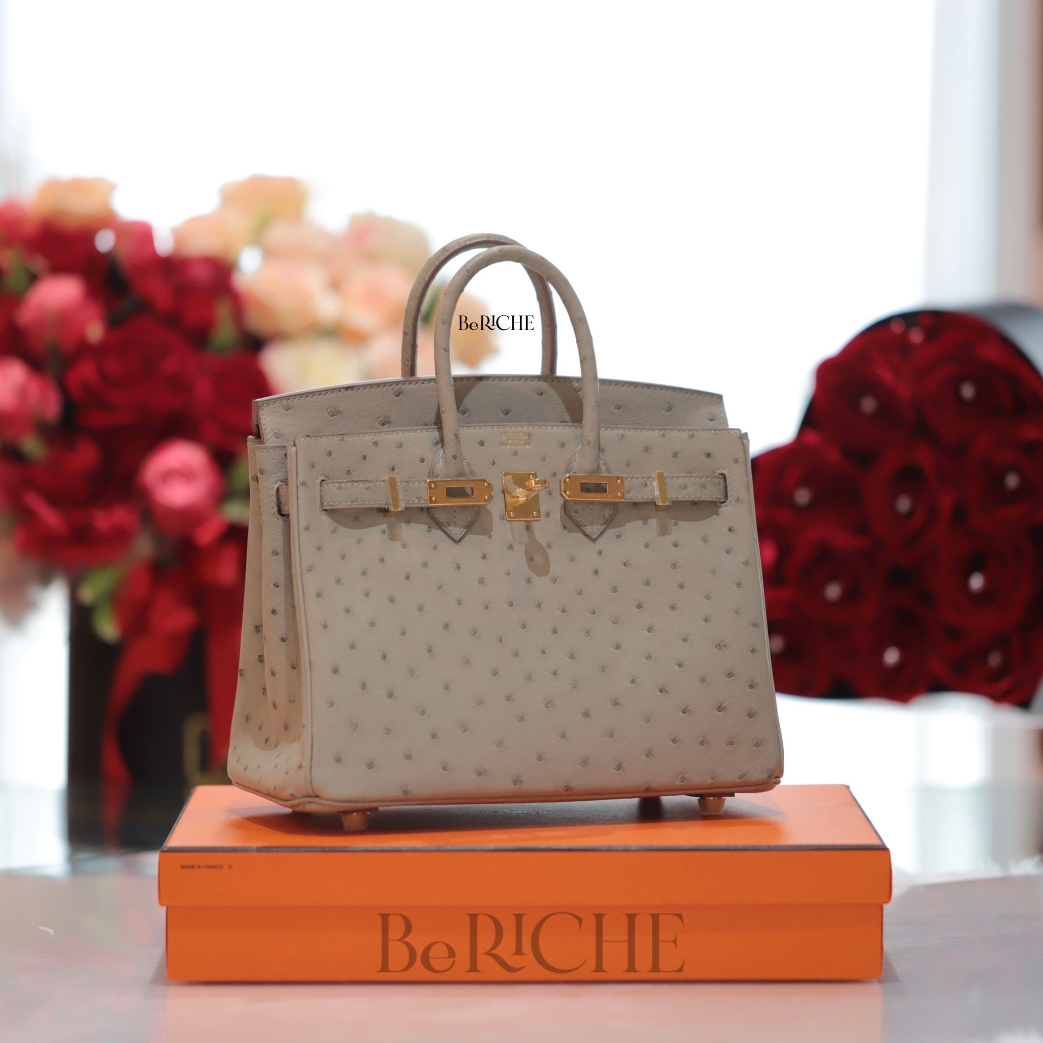 Birkin B25 Ostrich Gris GHW – BeRiche