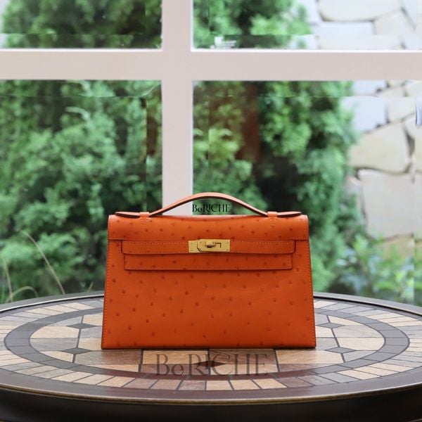  Kelly Pochette KP22 Ostrich Orange GHW 