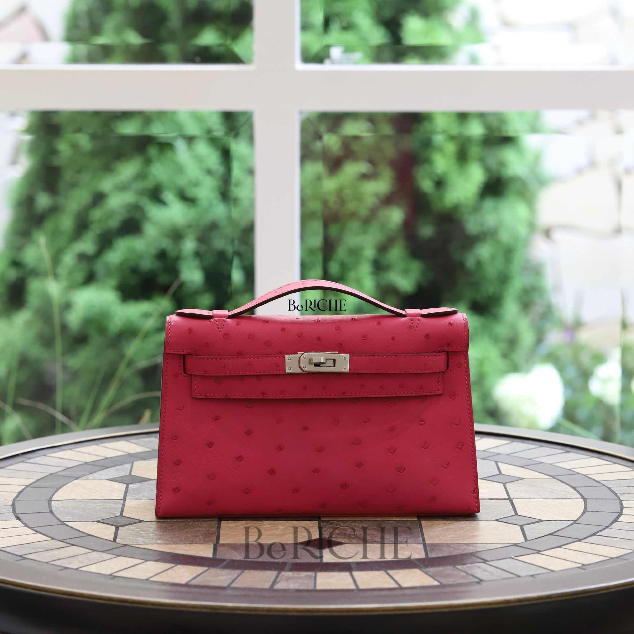 Kelly Pochette KP22 Ostrich Rose Tyrien BeRiche