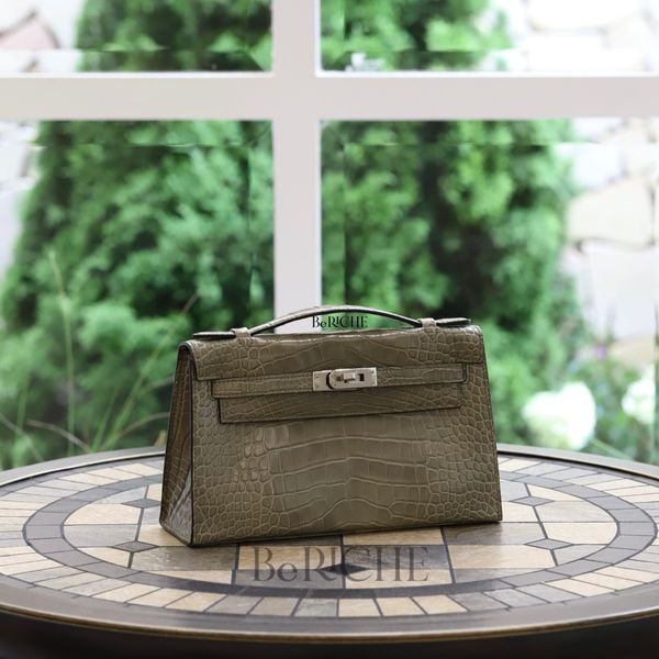  Kelly Pochette KP22 Crocodile Alligator Shinny Gris Tourtelle 