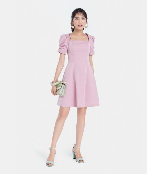 Đầm body cổ vuông tay phồng in chữ