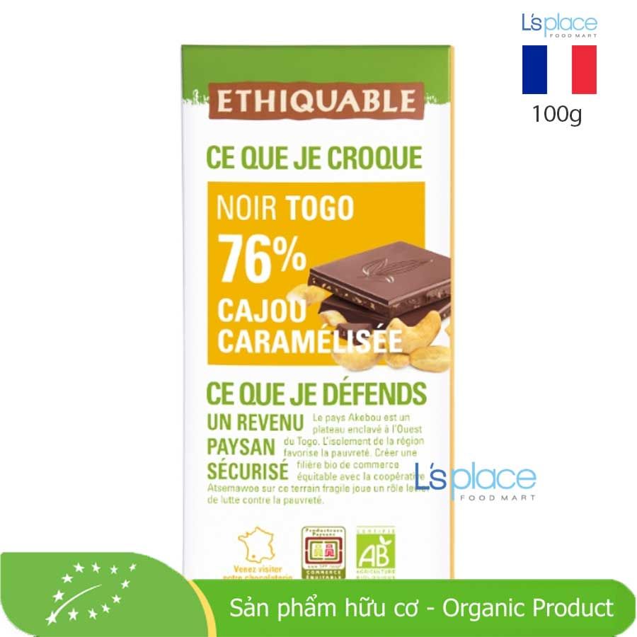 Ethiquable Thanh Socola đen 76% hạt điều caramen Noir Togo hữu cơ