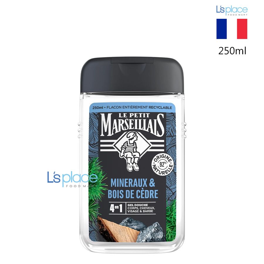 Le Petit Marseillais Gel tắm nam 4in1 92% hữu cơ Khoáng chất & Gỗ hoàng đàn