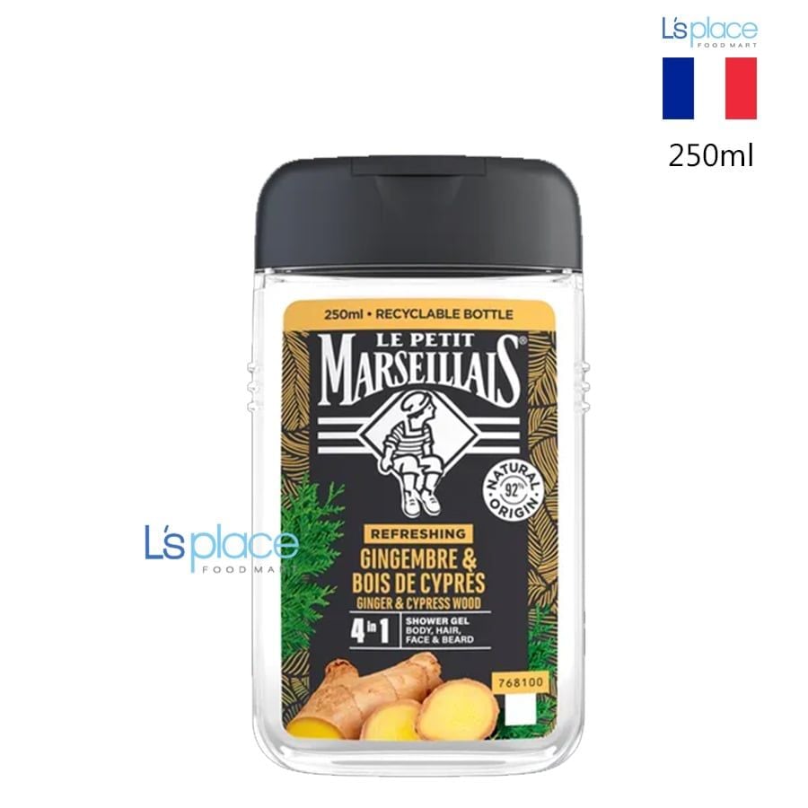 Le Petit Marseillais Gel tắm nam 4in1 92% hữu cơ Gừng & gỗ bách