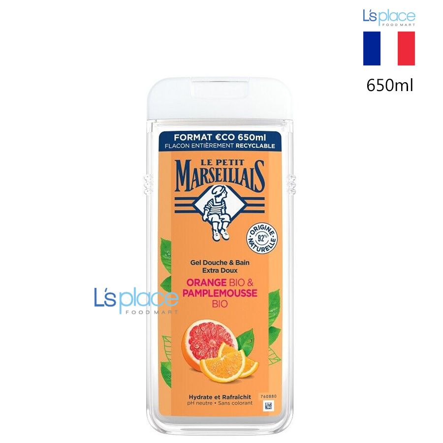 Le Petit Marseillais Gel tắm 92% hữu cơ Cam & Bưởi hồng chai lớn