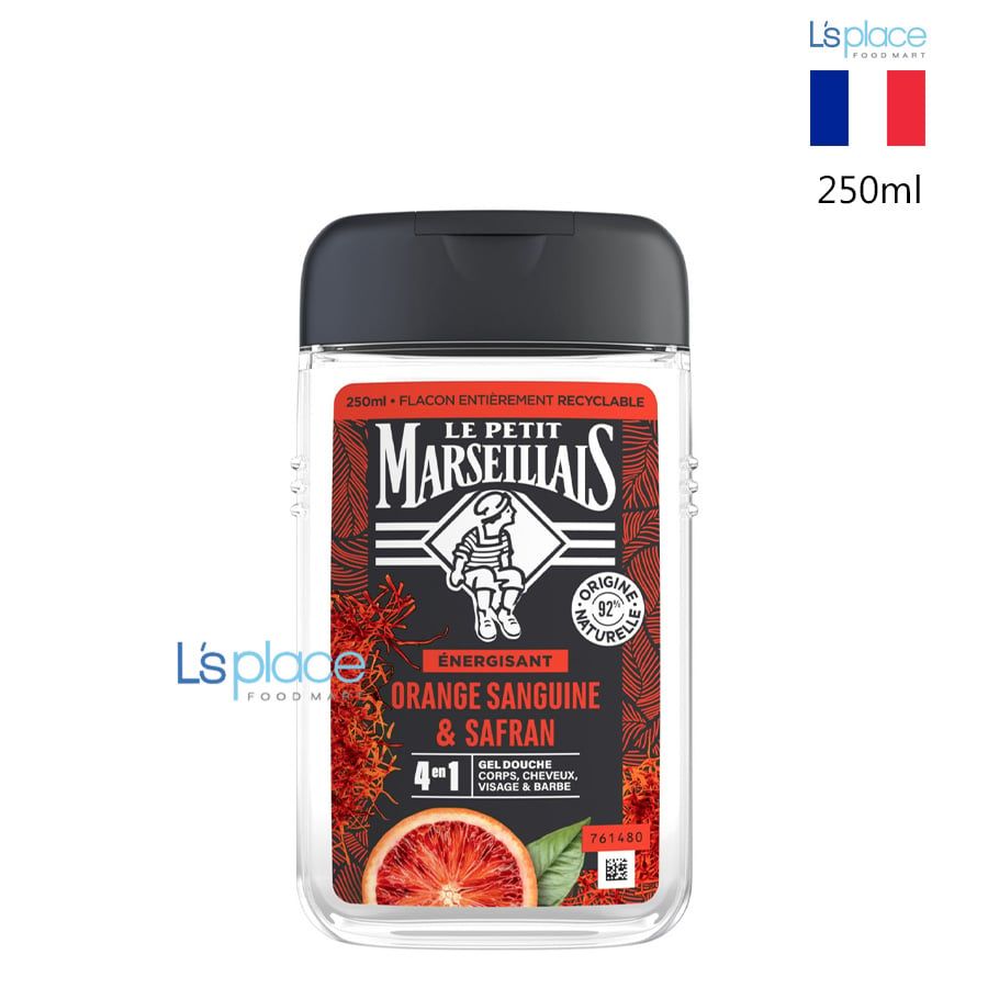 Le Petit Marseillais Gel tắm nam 4in1 92% hữu cơ Cam đỏ & Nghệ tây