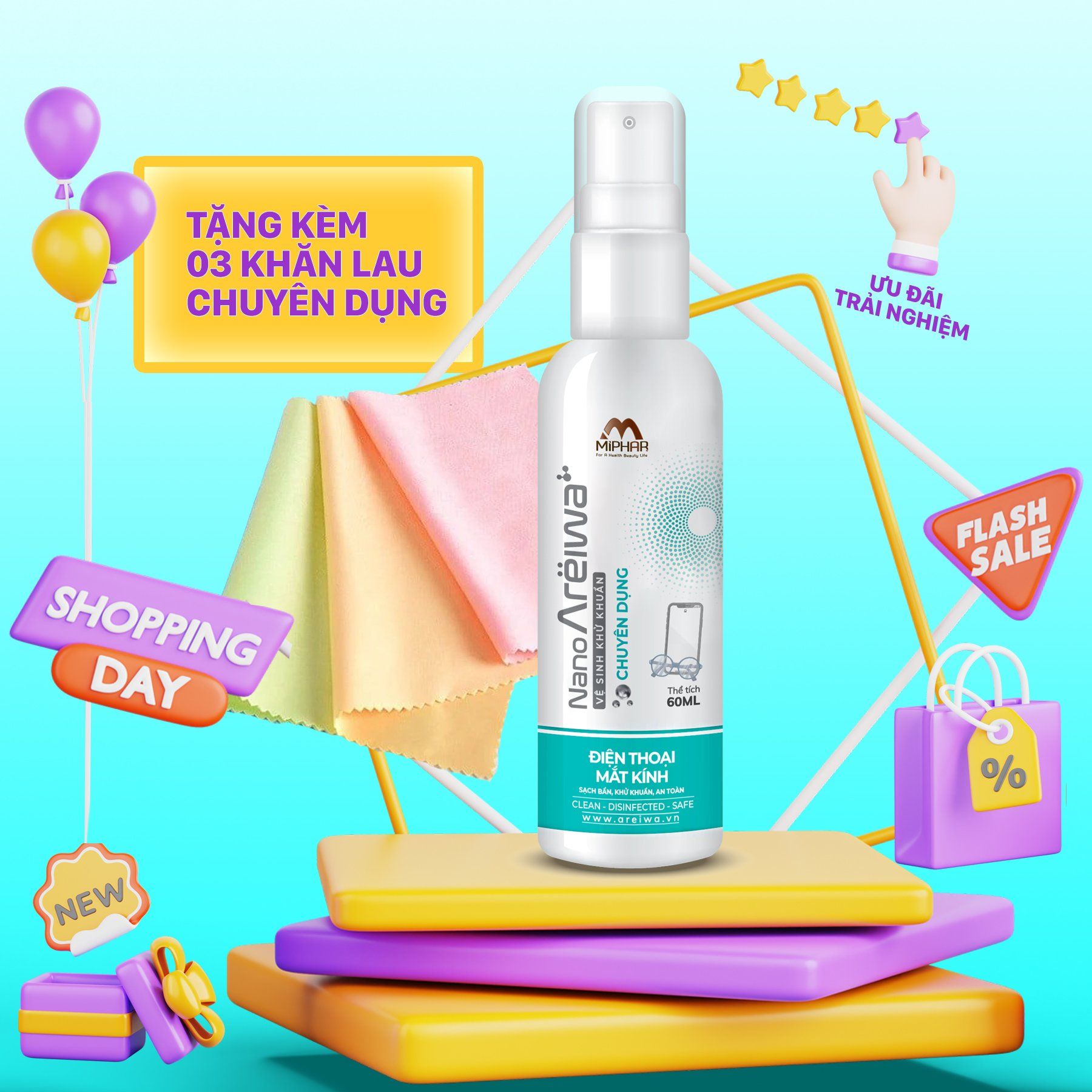  [HMK] Chai vệ sinh khử khuẩn chuyên dụng điện thoại, mắt kính Nano Areiwa tặng kèm khăn lau vi sợi 