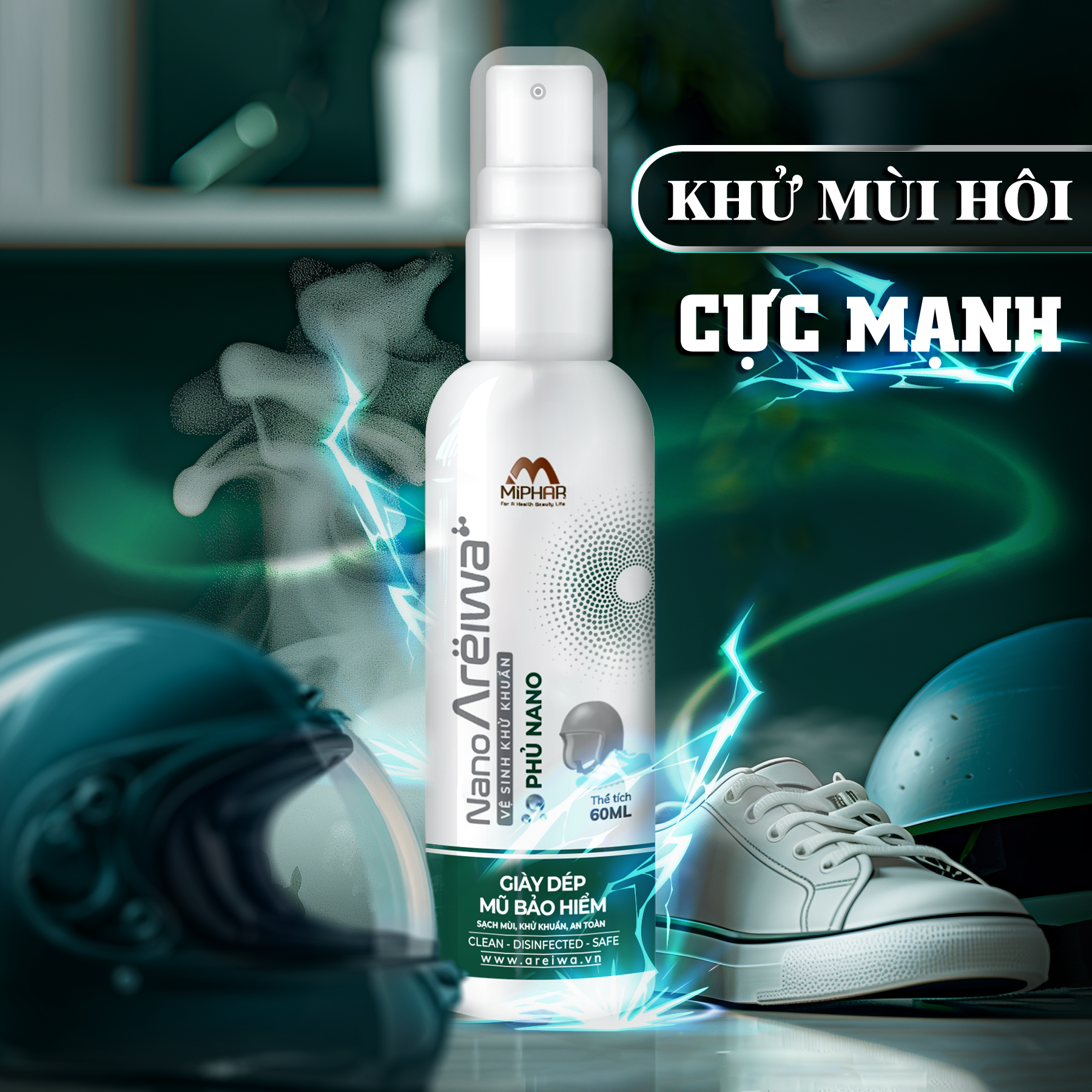  [HMK] Chai vệ sinh khử khuẩn phủ nano khử mùi giày dép, mũ bảo hiểm Nano Areiwa 