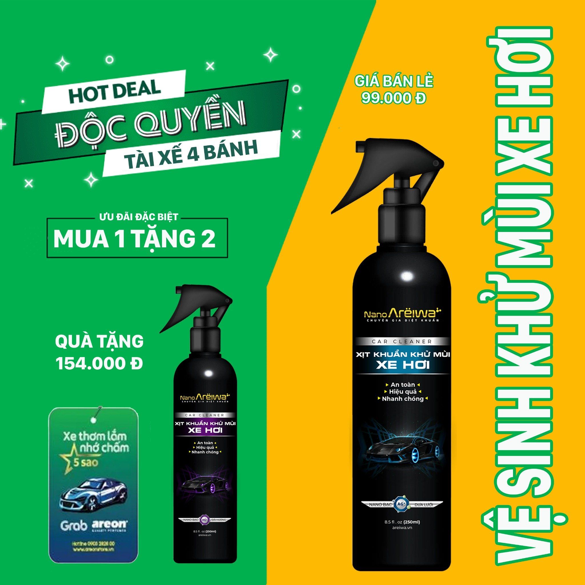  [Mua 1 tặng 2] Chai Xịt Khuẩn Khử Mùi Xe Hơi Chuyên Dụng - Tài Xế Grab 4 Bánh 