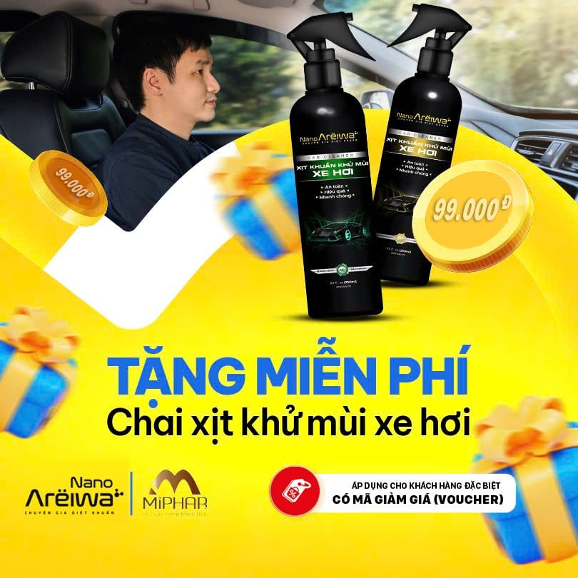  [Miễn phí] Sạch Khuẩn Hết Hôi, An Toàn Gấp Đôi - Tặng Chai Xịt Khuẩn Khử Mùi Xe Hơi Nano Areiwa 