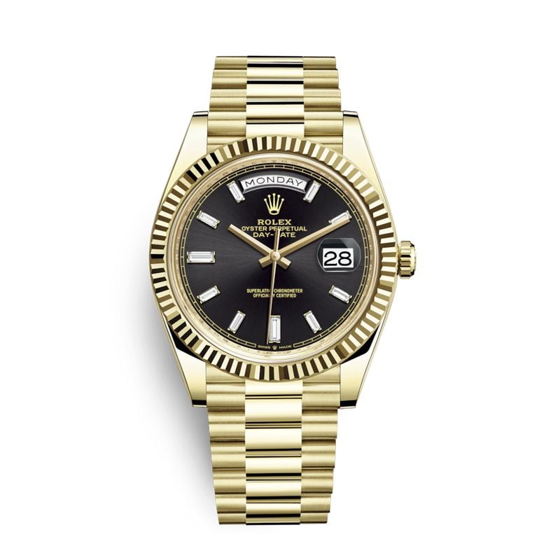  Đồng Hồ Rolex Day - REPLICA 1:1 | Date 40 Yellow Gold Black Diamond Dial & Baguette Diamond Bezel 228398TBR 