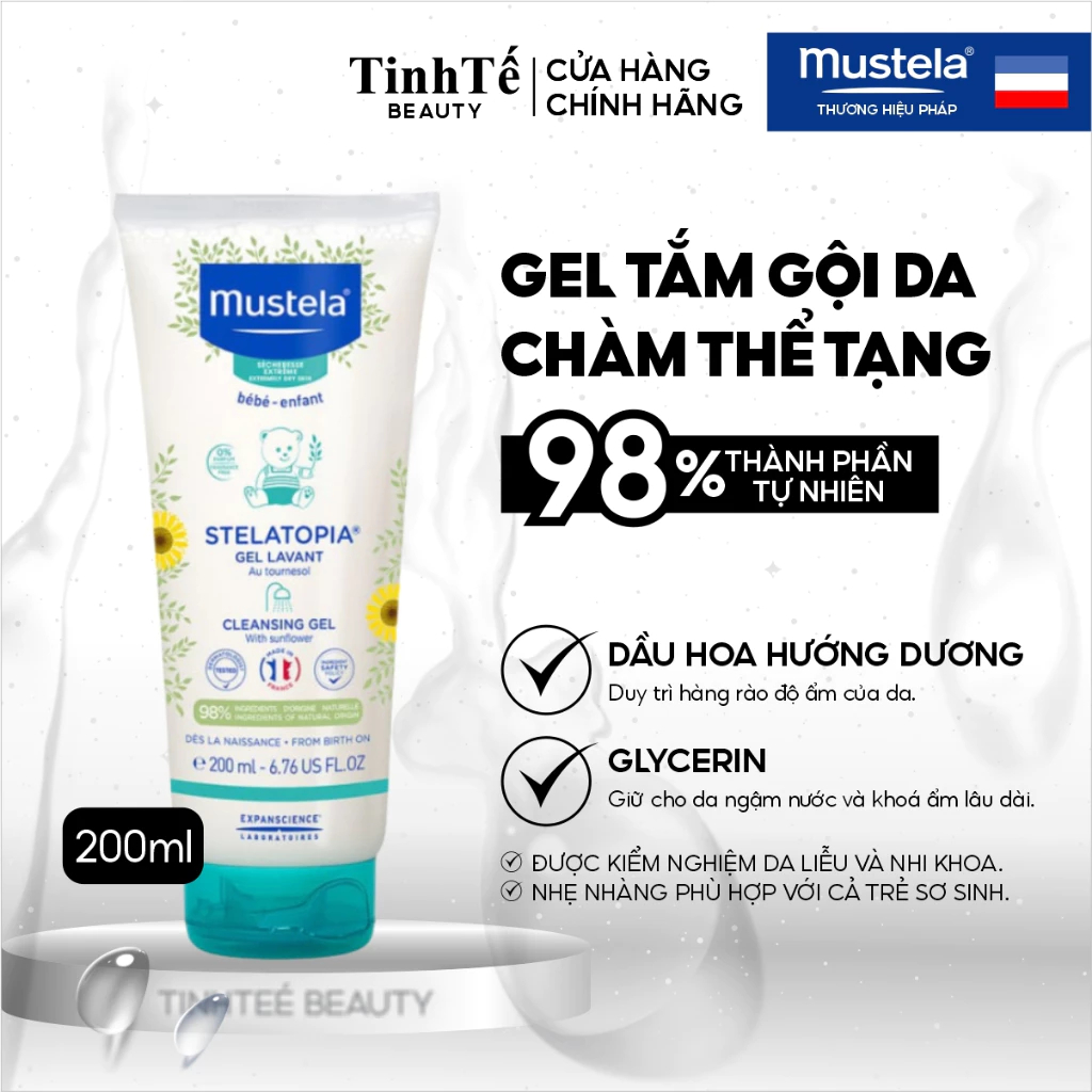 Gel Tắm Gội Cho Trẻ Sơ Sinh Em Bé Da Chàm Thể Tạng Mustela STELATOPIA  CLEANSING GEL 10ml-200ML