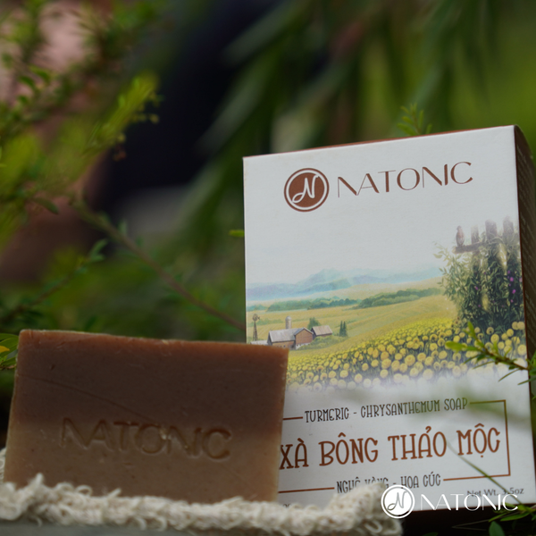  Xà bông Nghệ Vàng, Hoa Cúc - Mờ thâm mụn, da láng mịn - Tặng kèm túi vải Sisal tạo bọt & tẩy tế bào chết - Hộp 100g 