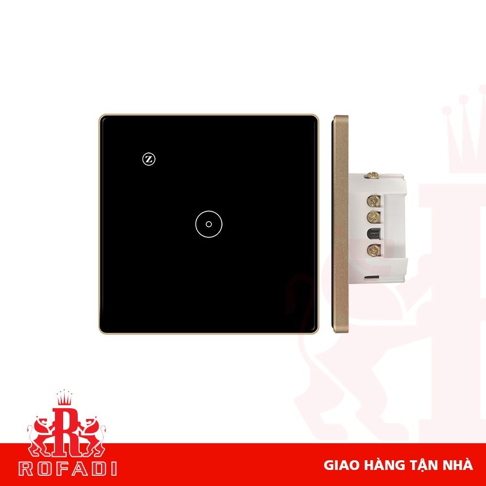 Công tắc Zigbee vuông (viền vàng-  icon 2 vòng tròn + icon Z) dòng Kaz 1 phím màu đen