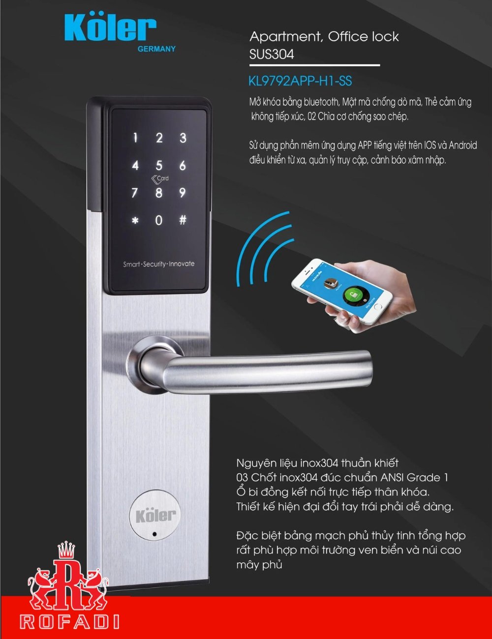  Khoá cửa thông minh smart lock 4 in 1 Koler KL9792APP-H1-SS 