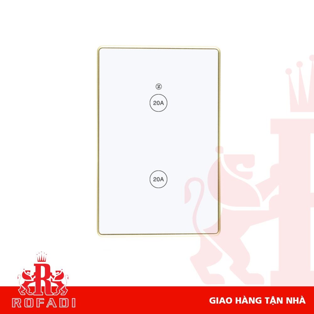 Công tắc đôi Zigbee Kaz cho máy nước nóng lạnh công suất cao 20A (viền vát vàng-  icon 20A) chữ nhật màu trắng