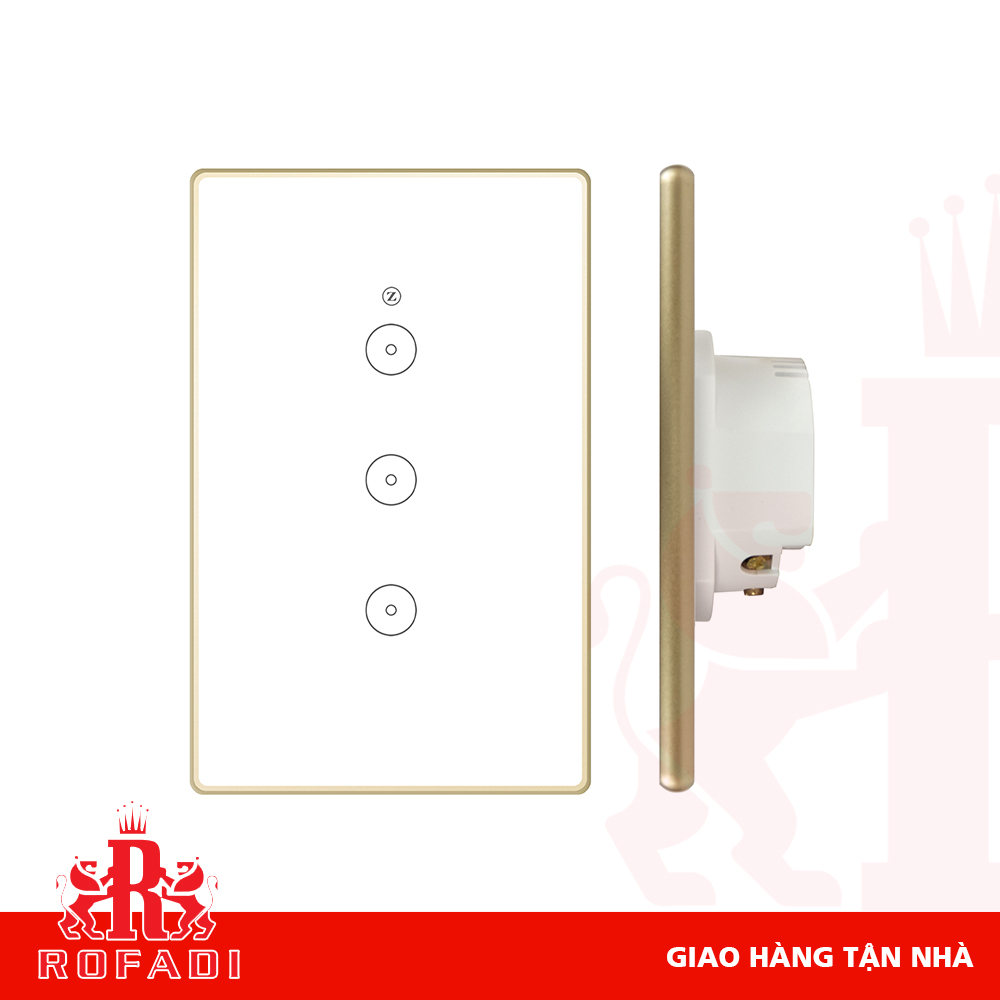  Công tắc Zigbee chữ nhật (viền vàng bo cạnh-  icon Z) dòng Kaz 3 phím màu trắng 