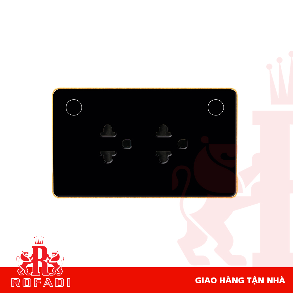  Ổ cắm chữ nhật zigbee 2 công tắc kính đen viền vàng cao cấp 
