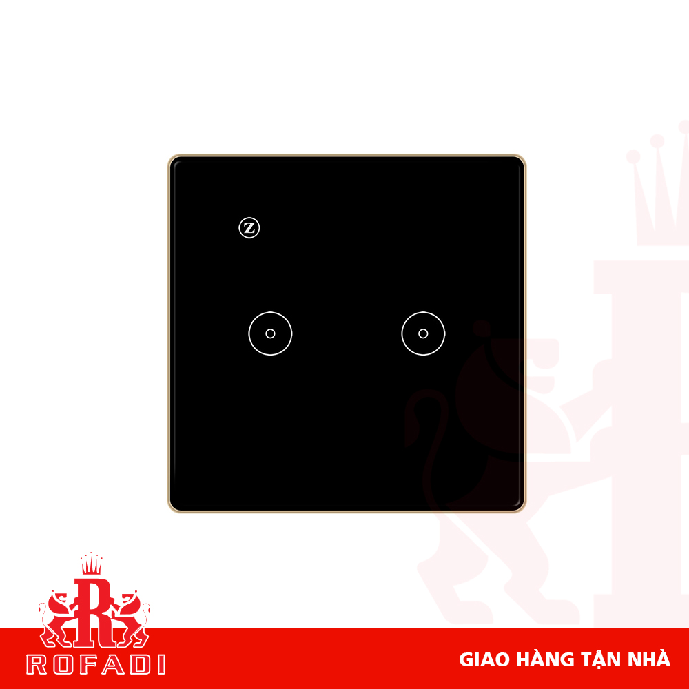  Công tắc Zigbee vuông (viền vàng-  icon 2 vòng tròn + icon Z) dòng Kaz 2 phím màu đen 
