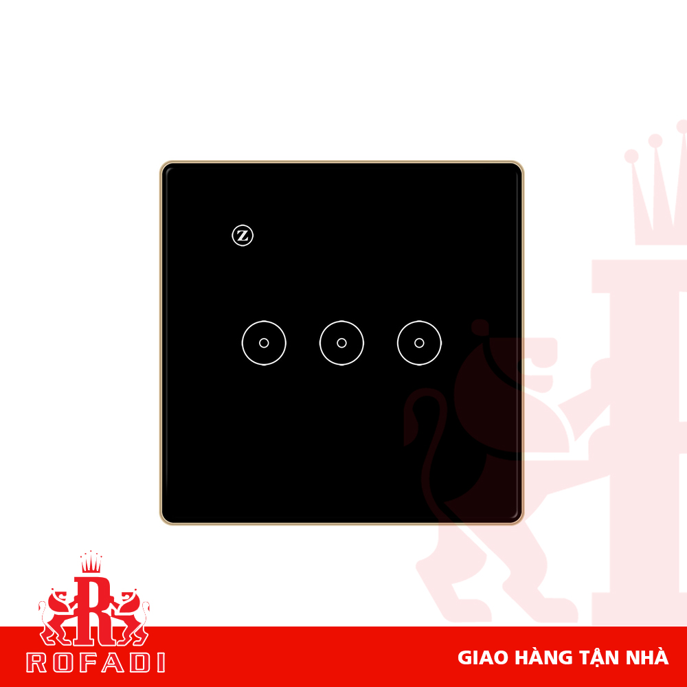  Công tắc Zigbee vuông (viền vàng-  icon 2 vòng tròn + icon Z) dòng Kaz 3 phím màu đen 