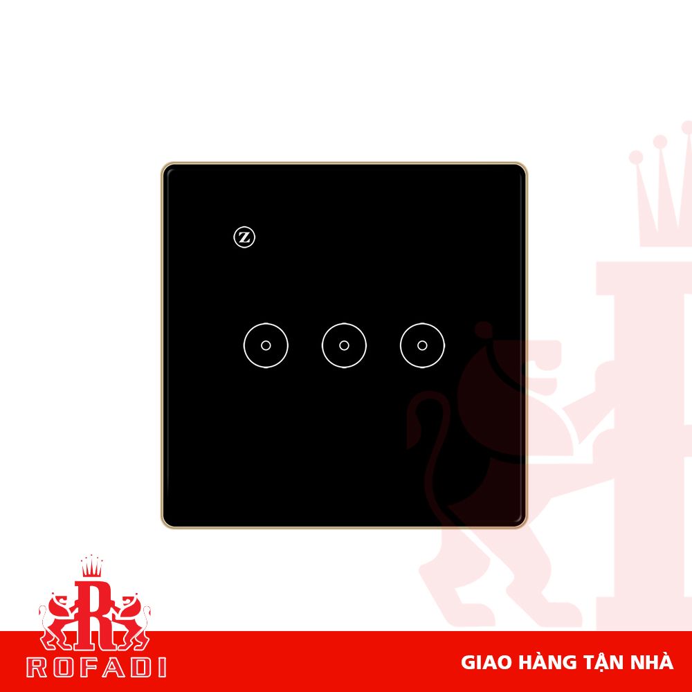 Công tắc Zigbee vuông (viền vàng-  icon 2 vòng tròn + icon Z) dòng Kaz 3 phím màu đen