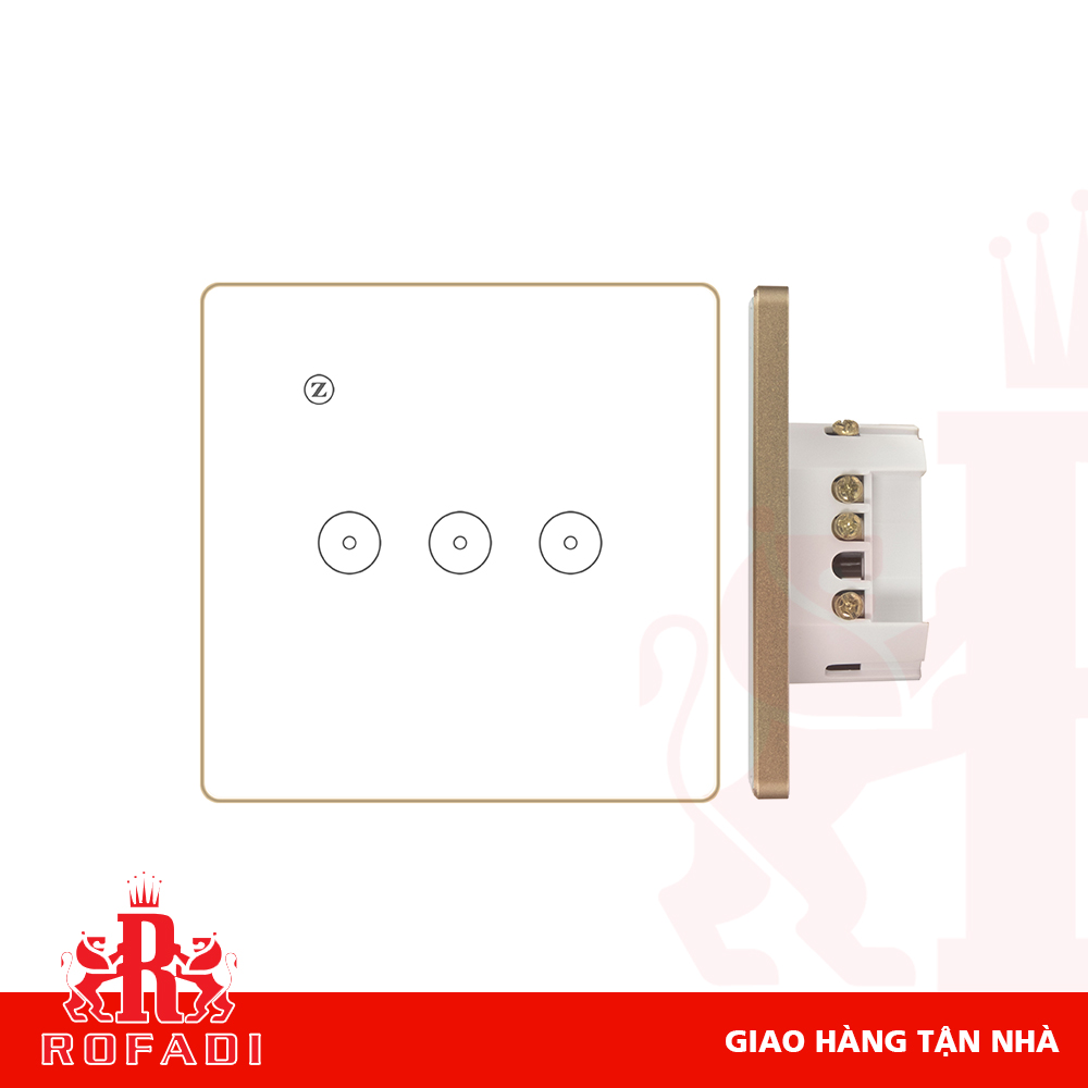  Công tắc Zigbee vuông (viền vàng-  icon 2 vòng tròn + icon Z) dòng Kaz 3 phím màu trắng 