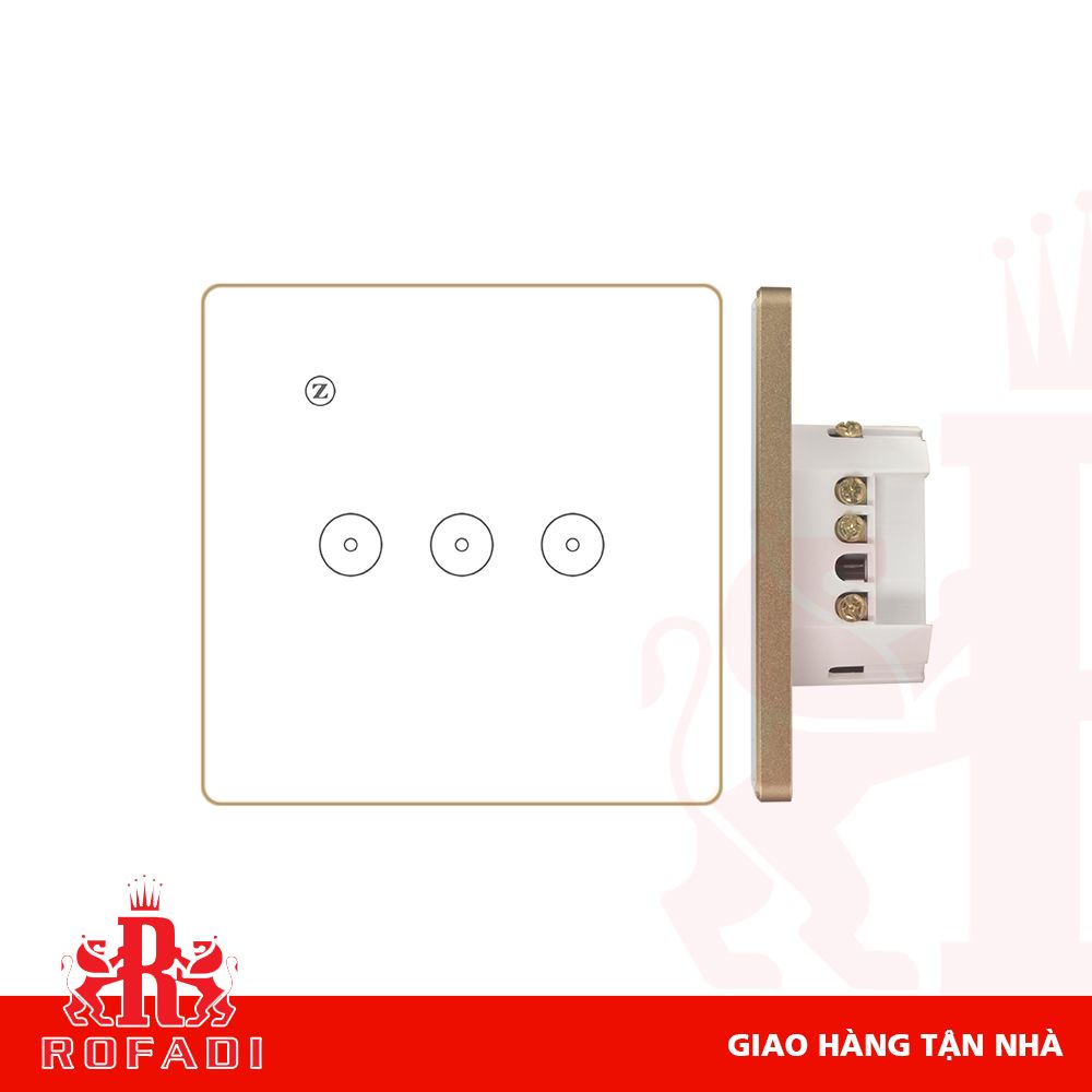 Công tắc Zigbee vuông (viền vàng-  icon 2 vòng tròn + icon Z) dòng Kaz 3 phím màu trắng