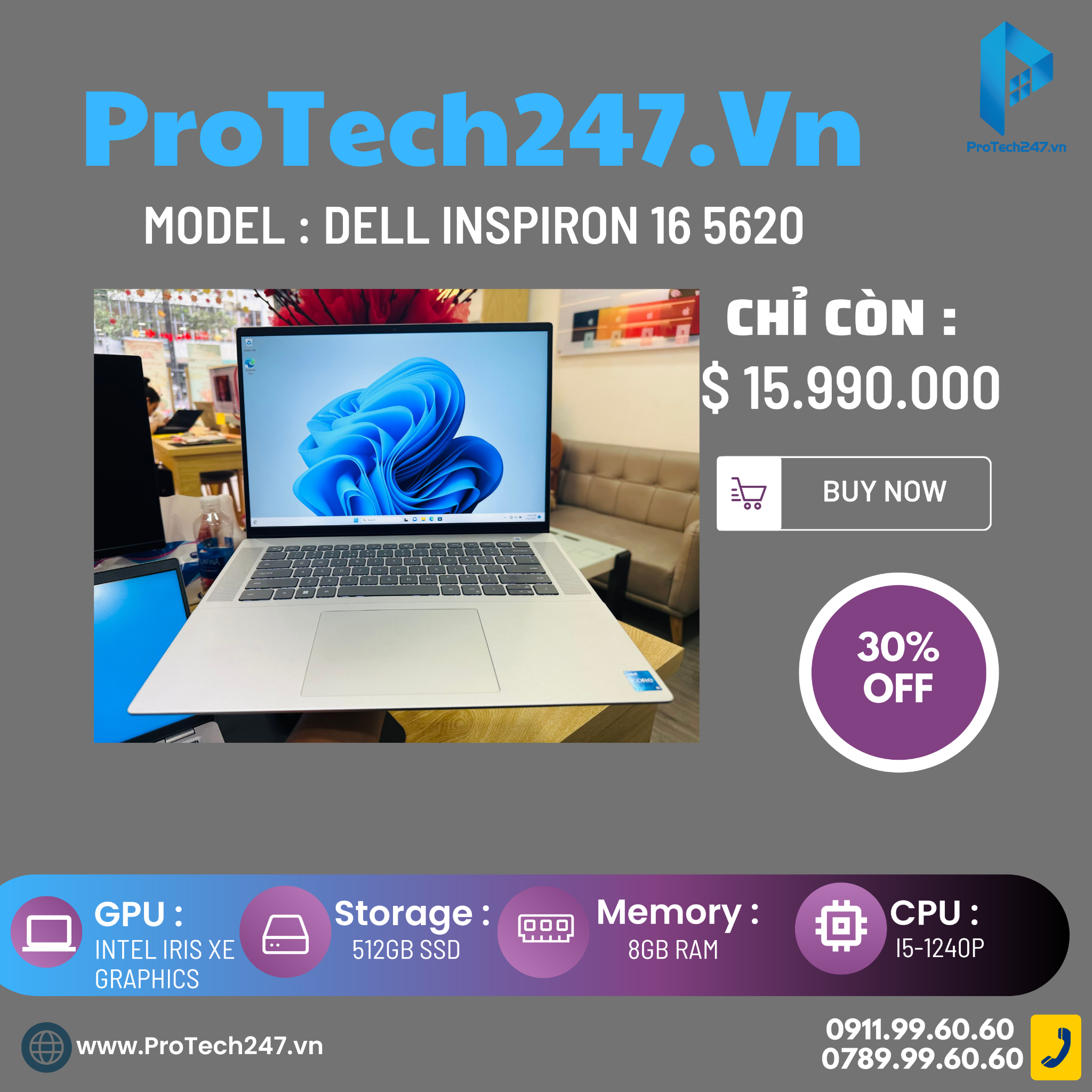  Dell Inspiron 16 5620 i5 1240P/8GB/512GB/16.0" FHD+/Win11 (USED) 